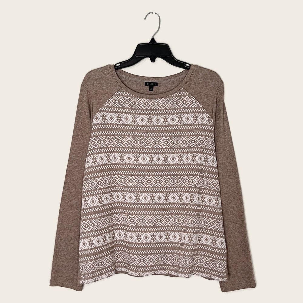 Talbots Heather Brown Embroidered Fair Isle Front Pullover Sweater